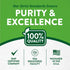 Infographic highlighting Purity & Excellence, 100% Quality, GMP Certified Company, FDA Registered Facility, Packaged in the USA.