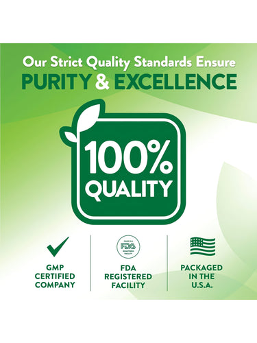 Infographic stating strict quality standards, purity, excellence, 100% quality, GMP certified, FDA registered, packaged in USA.