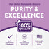 Infographic stating Purity & Excellence, 100% Quality, GMP Certified Company, FDA Registered Facility, Packaged in the U.S.A.