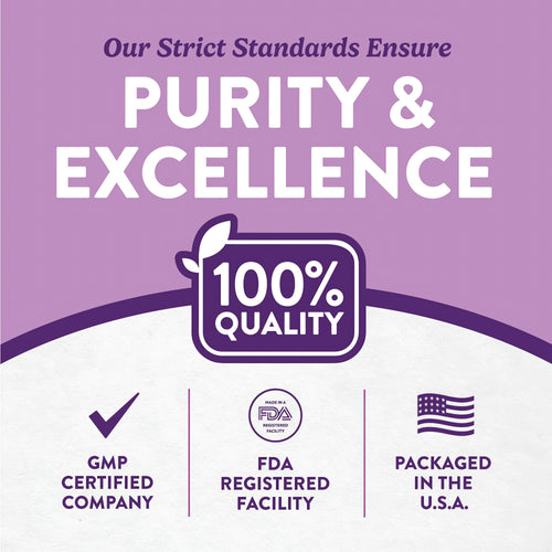 Infographic stating Purity & Excellence, 100% Quality, GMP Certified Company, FDA Registered Facility, Packaged in the U.S.A.