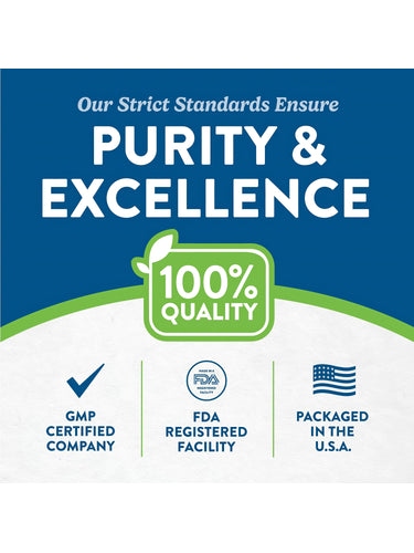 Infographic highlighting purity, excellence, 100% quality, GMP certified, FDA registered facility, packaged in the USA.