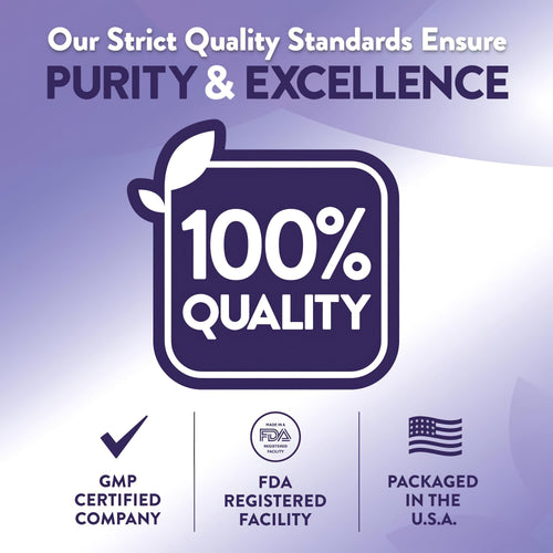 Infographic states: 100% Quality, GMP Certified Company, FDA Registered Facility, Packaged in the U.S.A.