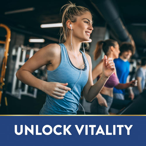 Young woman running on a treadmill in a gym, smiling with headphones. Graphic text: UNLOCK VITALITY.