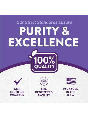 Infographic stating 100% quality, GMP certified company, FDA registered facility, packaged in the U.S.A.