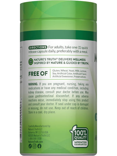 Magnesium Oxide bottle with icons indicating gluten-free, wheat-free, yeast-free, milk-free, lactose-free, soy-free, no artificial additives.