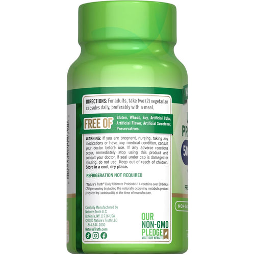 NT Probiotic 50 Billion 60 Vegetarian Capsules label states free of gluten, wheat, soy, and our non-GMO pledge.