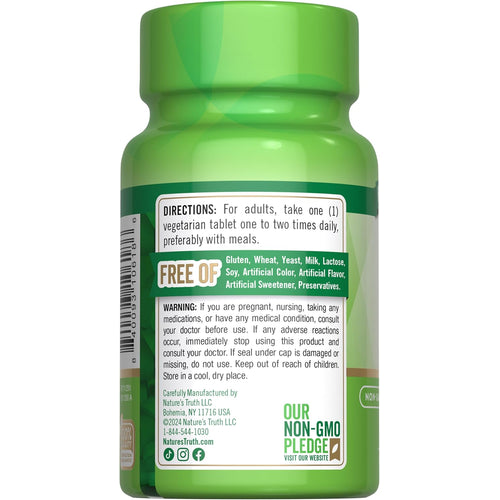 NT D3 400 IU (10 mcg) 100 Tablets bottle, back view displaying directions, warnings, and list of 'Free Of' ingredients.
