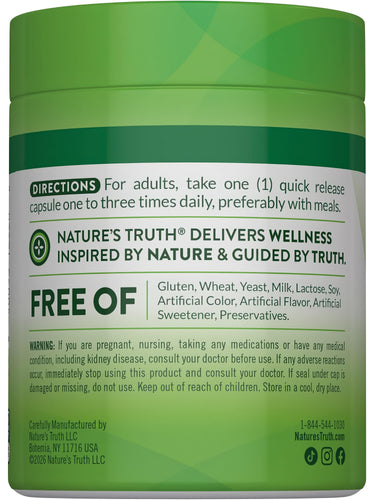 Back label of Magnesium Glycinate 750 mg 90 Capsules showing usage directions and 'Free of' claims.