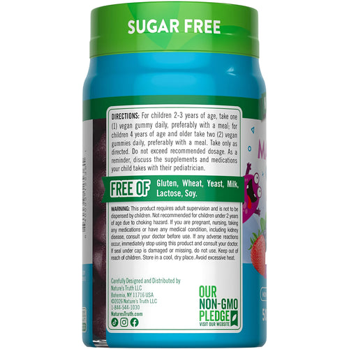 Kids Magnesium Gummies bottle with icons indicating Sugar Free, Gluten Free, Yeast Free, Lactose Free, Soy Free, Non-GMO.