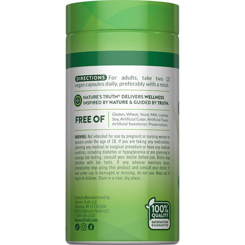 NT Cinnamon with Biotin and Chrom 60 Vegan Capsules bottle, back label showing directions, 'FREE OF' statement, and warnings.
