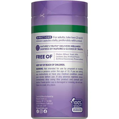 Elderberry capsules label shows directions and highlights it is free of gluten, wheat, milk, soy, with a 100% quality guarantee.