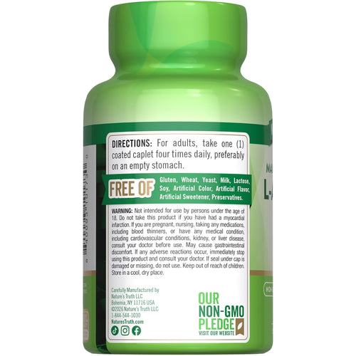 A bottle of NT L-Arginine 1000 mg with 50 coated caplets displayed.