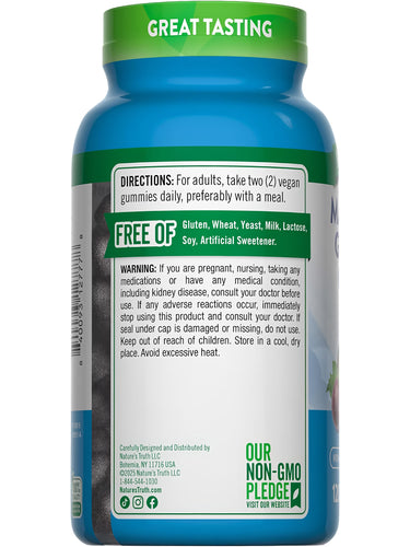 NT Magnesium Glycinate 120 Gummies, free of gluten, wheat, yeast, milk, lactose, soy, artificial sweetener. Non-GMO.