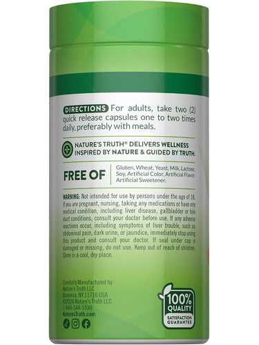 Turmeric bottle with icons indicating gluten & wheat free, yeast free, milk & lactose free, soy free, no artificial color/flavor/sweetener.