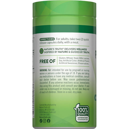 Nature's Truth Saw Palmetto 2400 mg 120 Capsules bottle, providing directions and a 100% Quality Satisfaction Guarantee.