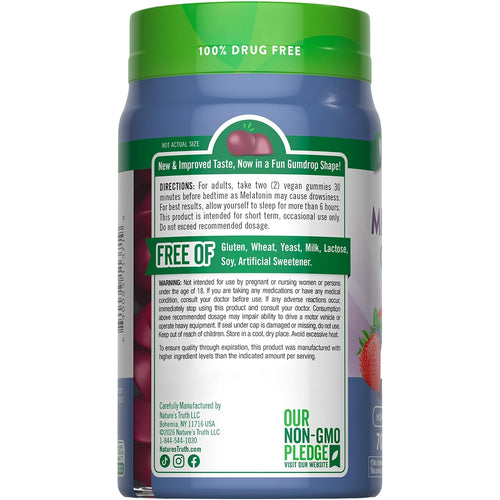 Melatonin bottle with icons indicating Gluten Free, Wheat Free, Yeast Free, Milk Free, Lactose Free, Soy Free, Non-GMO.