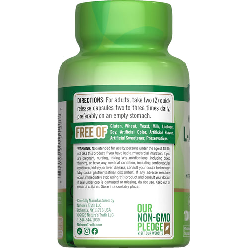L-Arginine bottle with icons indicating Gluten & Wheat Free, Yeast Free, Milk & Lactose Free, Soy Free, No Artificial Color/Flavor/Sweetener/Preservatives, Non-GMO.