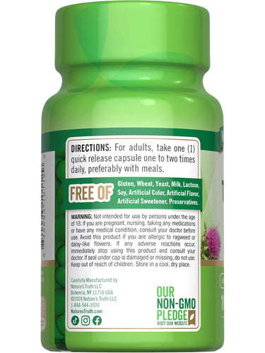 Milk Thistle bottle with icons indicating gluten, wheat, yeast, milk, lactose, soy free, and no artificial colors, flavors, or GMOs.