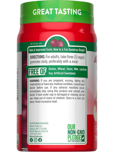 NT Apple Cider Vinegar gummies containing 600 mg in a bottle. Each container holds 75 gummies for health support.