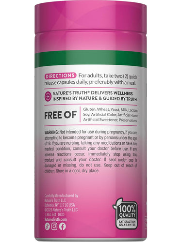 NT Fenugreek 2000 mg 100 Capsules bottle, free of gluten, wheat, milk, soy, artificial colors, flavors, and preservatives.