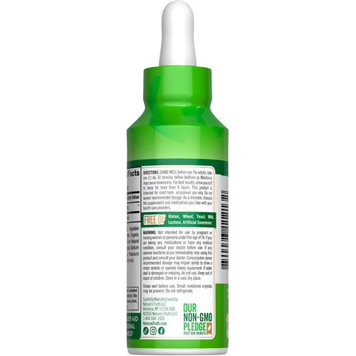 NT Melatonin 10 mg 2 oz Liquid bottle, free of gluten, wheat, yeast, milk, lactose, and artificial sweetener.