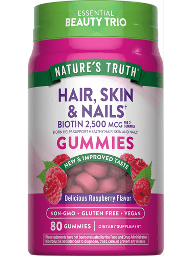 Nature's Truth Hair, Skin & Nails Gummies with Biotin 2,500 mcg, Raspberry flavor, Non-GMO, Gluten Free, Vegan, 80 count.