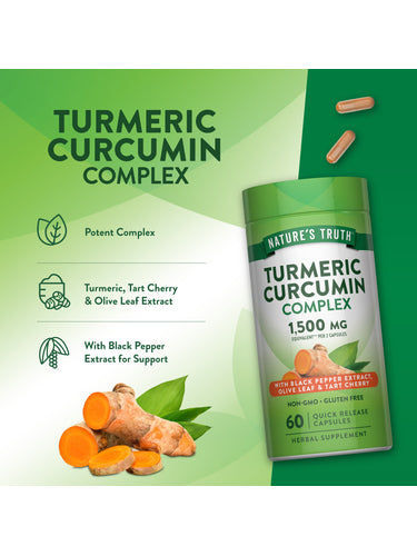 Product highlights graphic stating Potent Complex with Turmeric, Tart Cherry, Olive Leaf, and Black Pepper Extract for support.