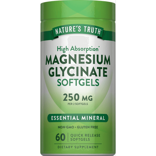 Magnesium Glycinate Softgels, 250 mg, 60 quick release capsules. High absorption, non-GMO, gluten-free dietary supplement.