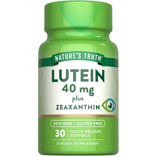 Lutein 40 mg plus Zeaxanthin, 30 Quick Release Softgels bottle on a hand scale.