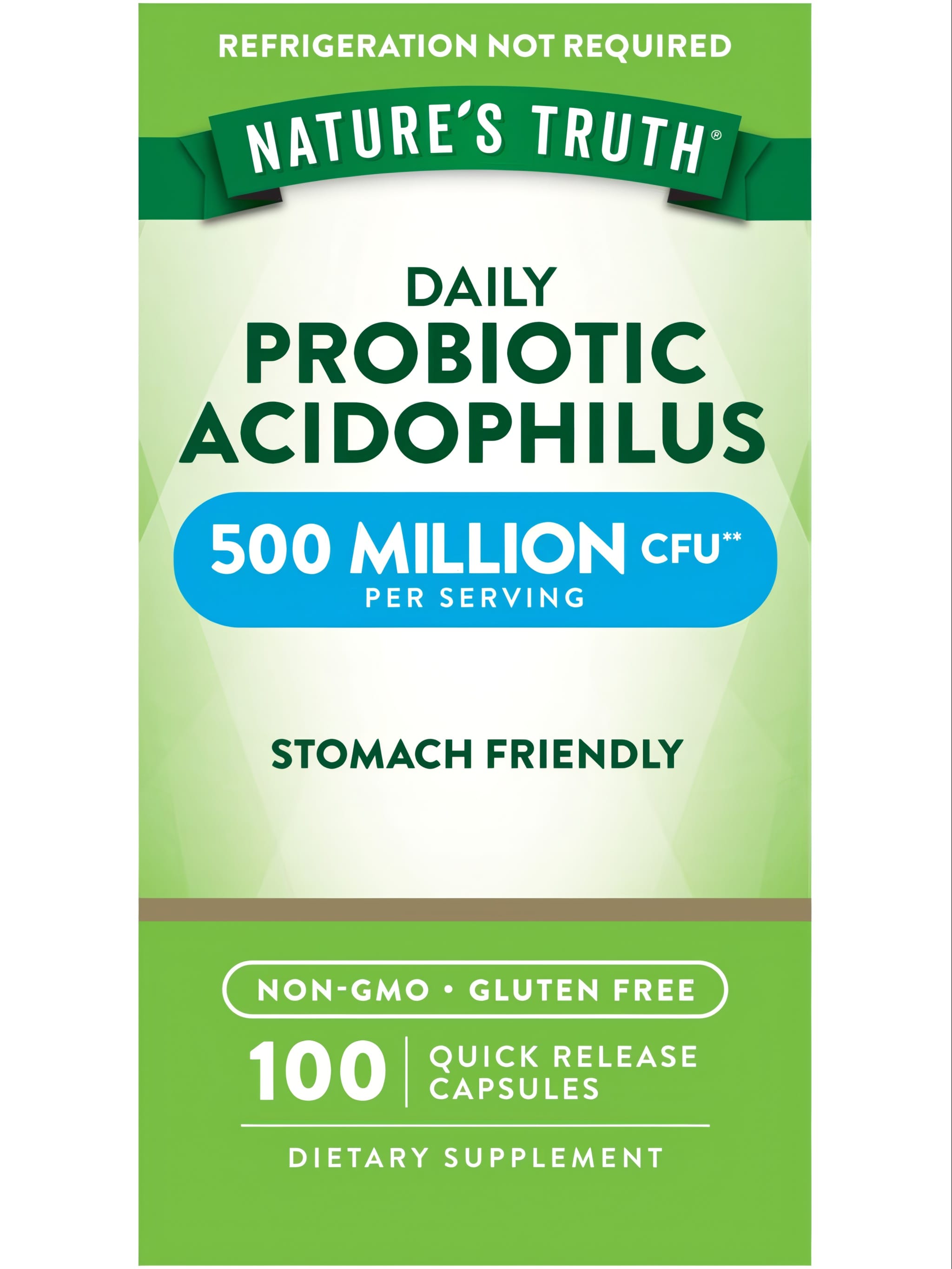 Hand holding Daily Probiotic Acidophilus 500 Million CFU, 100 Quick Release Capsules, showing bottle size.