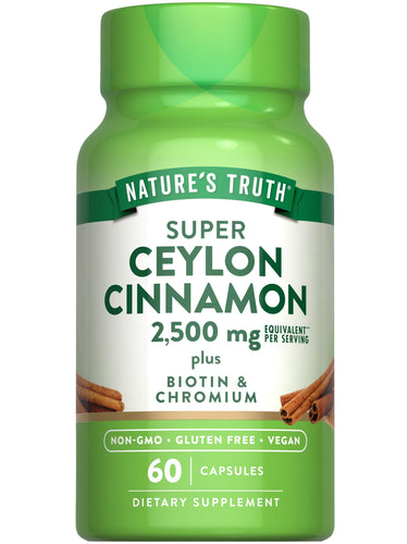 Ceylon Cinnamon 2,500 mg per serving with Biotin & Chromium, 60 capsules shown on hand scale.