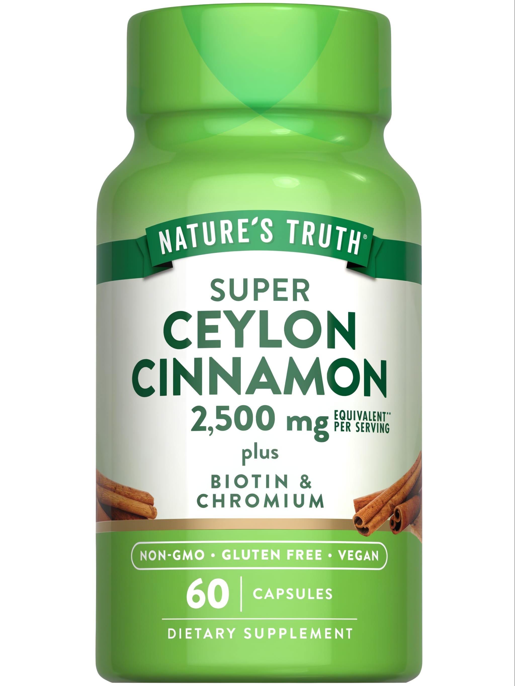 Ceylon Cinnamon 2,500 mg per serving with Biotin & Chromium, 60 capsules shown on hand scale.