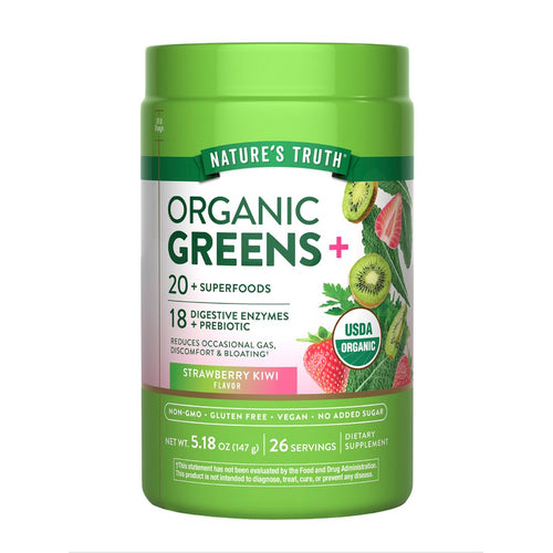 NT Greens Powder Strawberry Kiwi 5.18 oz (147 g) container with 26 servings depicted on a hand scale.