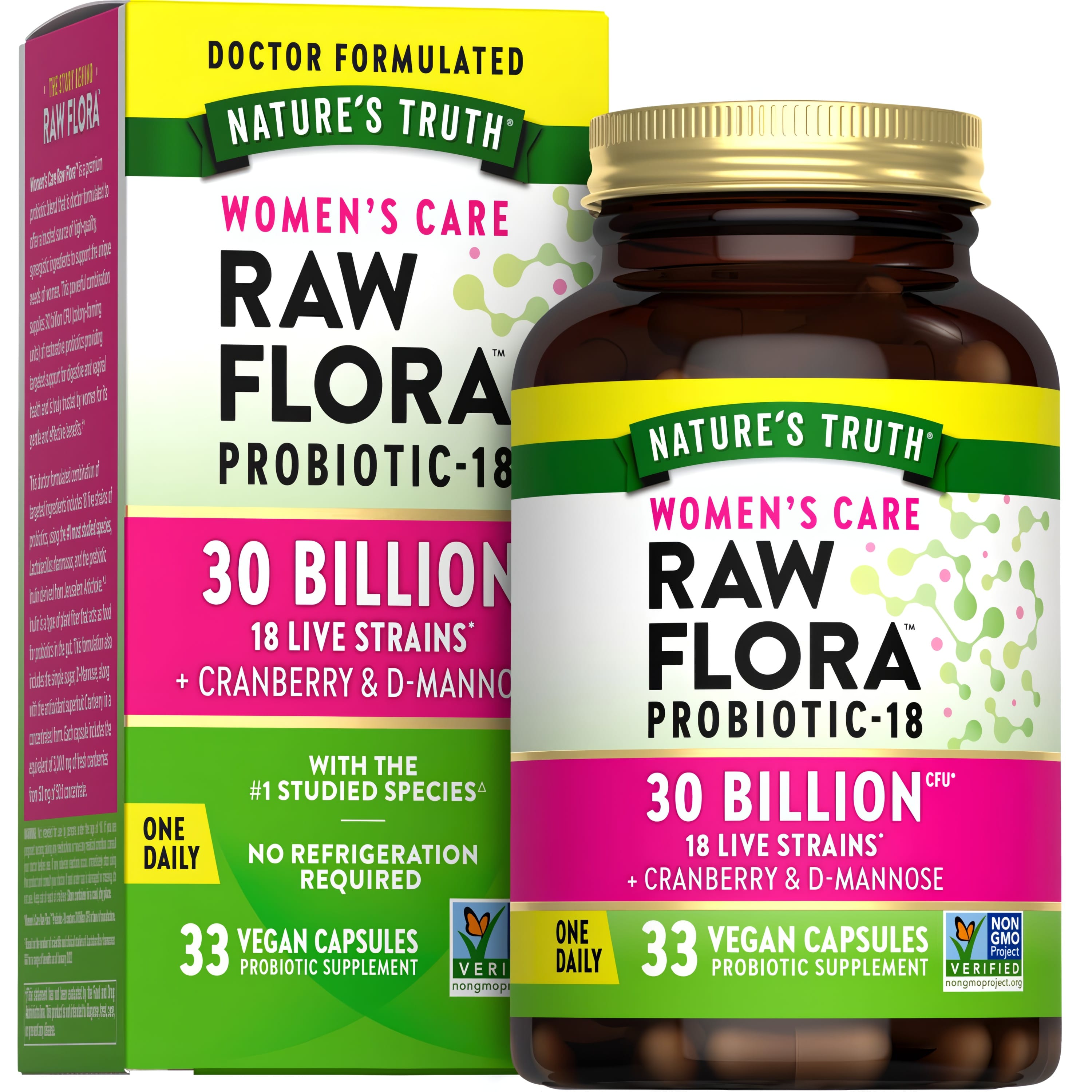 Women's Care Raw Flora Probiotic-18: 30 Billion CFU, 18 Live Strains with Cranberry & D-Mannose, 33 Vegan Capsules.
