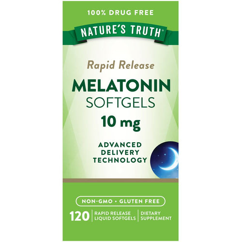 A hand holds a bottle of Melatonin 10 mg Rapid Release Liquid Softgels, showcasing the size and scale of the product.