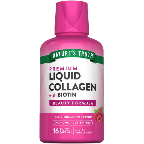 Nature's Truth Premium Liquid Collagen with Biotin, 16 fl oz bottle in Delicious Berry Flavor on hand scale.