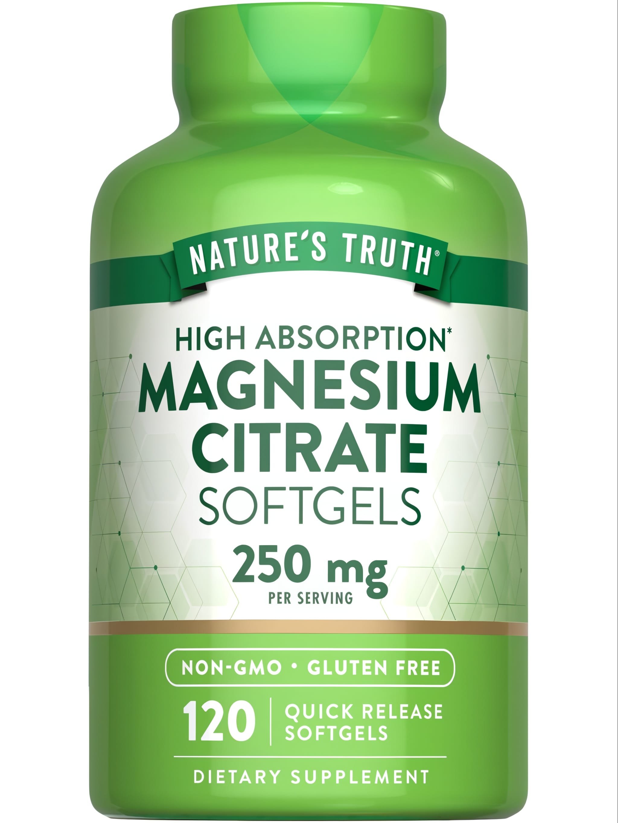 Hand holds a bulk supply of 120 Magnesium Citrate 250 mg quick release softgels.