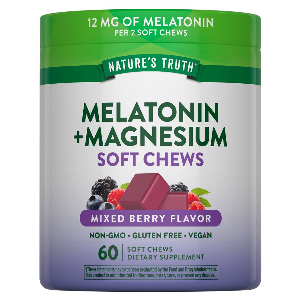 Soft chews containing 12 mg of Melatonin per 2 chews, combined with Magnesium for additional benefits.
