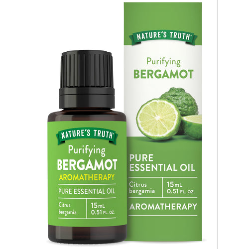 Nature's Truth Purifying Bergamot Pure Essential Oil in a 15 mL (0.51 FL. OZ.) bottle, shown in bulk scale.
