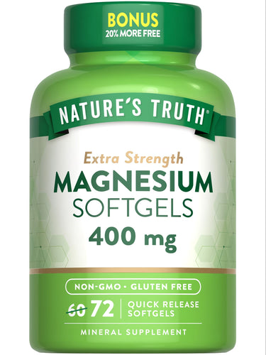 Nature's Truth Extra Strength Magnesium 400 mg Softgels, featuring 72 quick release softgels with 20% more free.