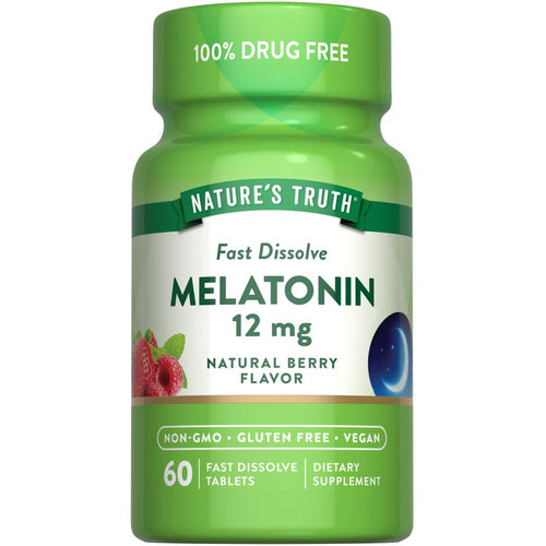 A bulk scale image shows a hand holding a bottle of 60 Fast Dissolve Melatonin tablets, each with a 12 mg dosage.