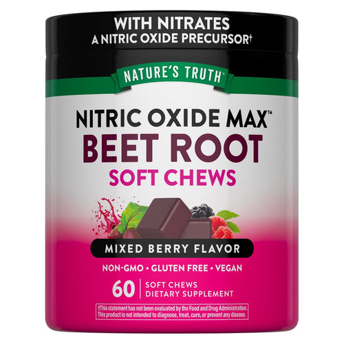 Shows a hand holding a bottle of 60-count Beet Root Soft Chews.