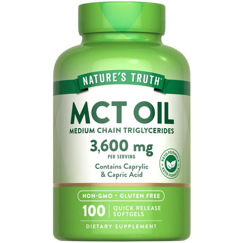 Nature's Truth MCT Oil softgels, 3,600 mg, quick release, 100 count bottle placed on a hand scale.