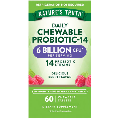Nature's Truth Daily Chewable Probiotic-14 contains 6 Billion CFU and 14 strains in 60 chewable berry-flavored tablets.