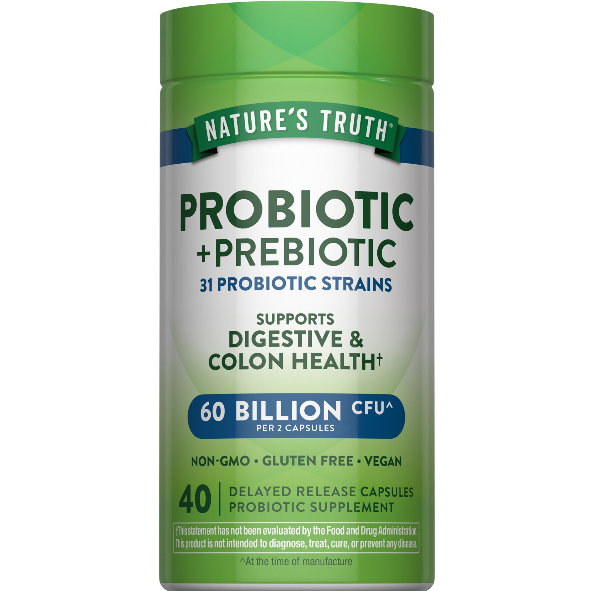 Nature's Truth Probiotic + Prebiotic, 31 Probiotic Strains, 60 Billion CFU per 2 Capsules, 40 Delayed Release Capsules. Non-GMO, Gluten Free, Vegan.