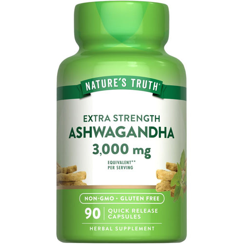 A hand holds a bottle of 90 quick-release capsules, offering Ashwagandha 3,000 mg per serving.