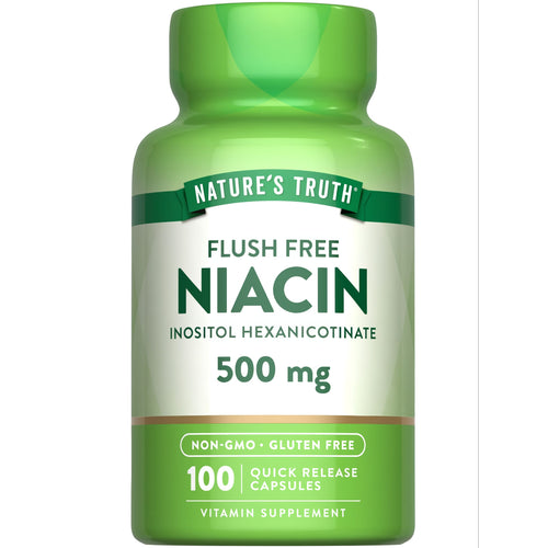 Nature's Truth Flush Free Niacin Inositol Hexanicotinate, 500 mg quick release capsules, 100 count, on a hand scale.