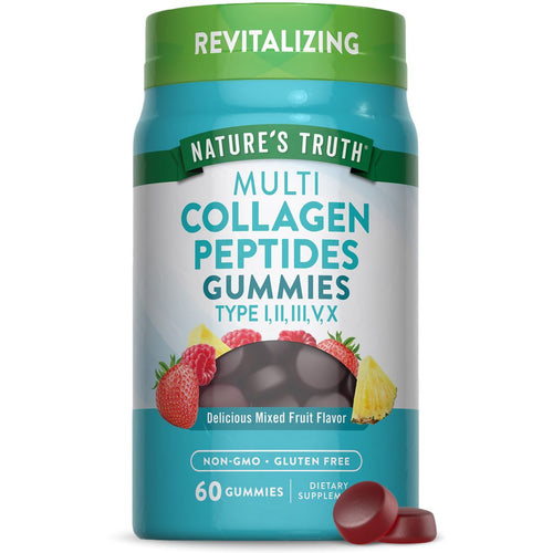 Two red Multi Collagen Peptides Gummies next to a bottle containing 60 gummies, showcasing the product.