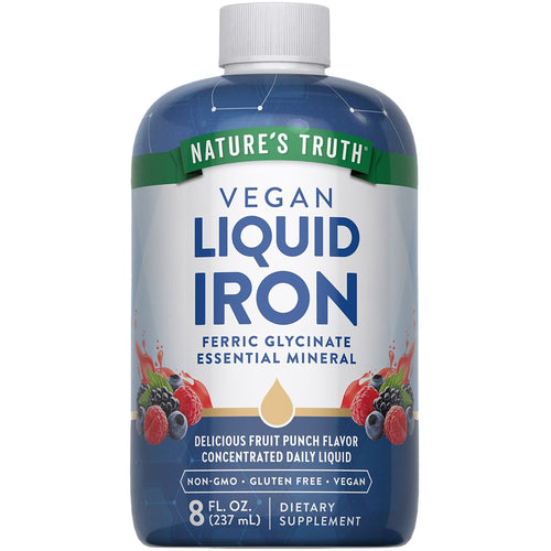 Nature's Truth Vegan Liquid Iron Ferric Glycinate in fruit punch flavor, 8 fl oz (237 mL), displayed on a hand.