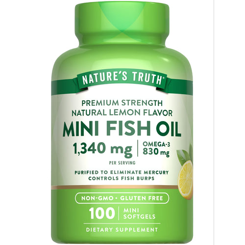 Hand-scale image showing mini softgels with 1,340 mg fish oil and 830 mg omega-3 per serving.